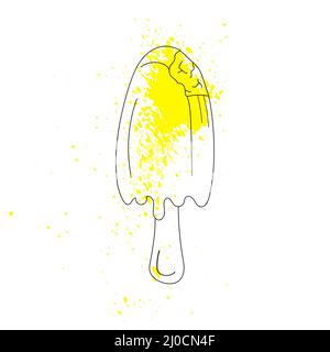 Yellow popsicle on a stick with paint splashes. Illustration of vector ice cream for printing on textiles, for interior design of a cafe or coffee Stock Vector