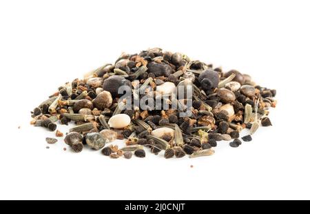 Wildflower seed blend to attract hummingbirds in garden. Macro of 12 wildflowers species such as: Four O'Clocks, Gayfeather, Rocket Larkspur, Scarlet Stock Photo