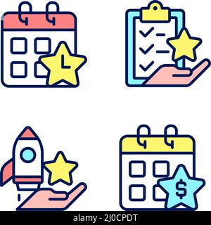 Employee bonus program pixel perfect RGB color icons set Stock Vector