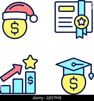 Paying bonuses to employees pixel perfect RGB color icons set Stock Vector