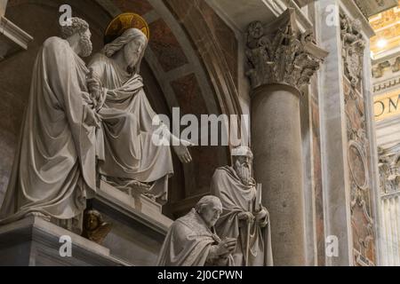 Sculptures Featuring Jesus, Saint Paul, Saint Peter and a Pope, St. Peter Basilica, Vatican, Italy Stock Photo