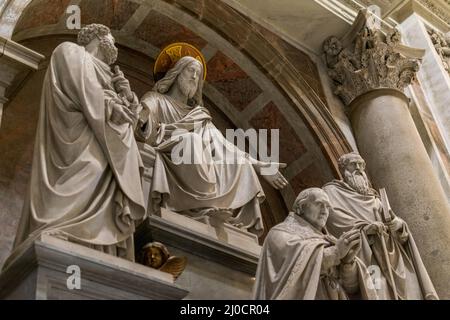 Sculptures Featuring Jesus, Saint Paul, Saint Peter and a Pope, St. Peter Basilica, Vatican, Italy Stock Photo