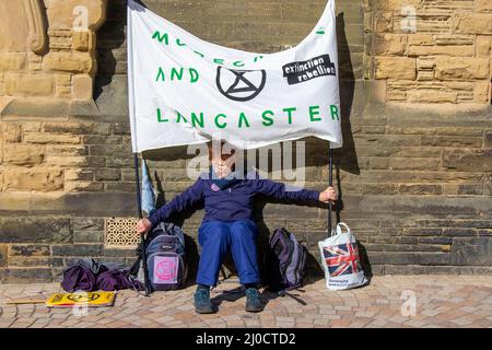 Blackpool, UK. 18th Mar, 2022. Lancaster Extinction Rebellion Protests campaigns anti-government groups in Blackpool, Lancashire. 18 March 2022; Boris Johnson will return to Blackpool Winter Gardens, for the Conservative Party's Spring Conference. The delegates' arrival for two days of speeches and debate will be the most high-profile event at the new complex since the renovations were completed. Credit: ZarkePix/Alamy Live News Stock Photo