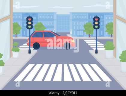 Red car crossing road flat color vector illustration Stock Vector