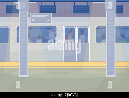 Metro station with electric train flat color vector illustration Stock Vector