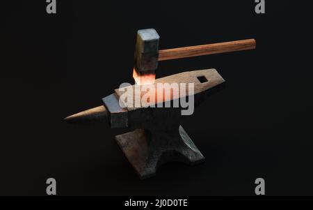 Anvil and hot hammer, 3d rendering. Computer digital drawing. Stock Photo