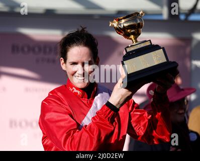 Rachael Blackmore with the Gold Cup after winning the Boodles Cheltenham Gold Cup Chase on A Plus Tard during day four of the Cheltenham Festival at Cheltenham Racecourse. Picture date: Friday March 18, 2022. Stock Photo