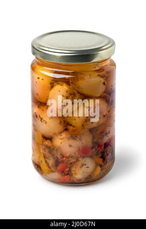Glass jar with preserved Lampascioni, Tassel grape, isolated on white background Stock Photo