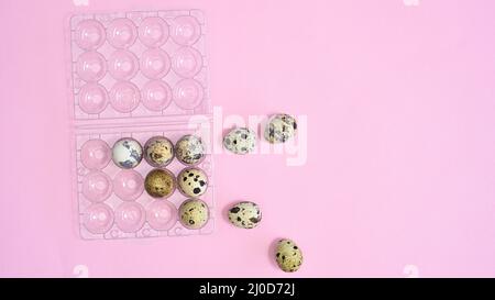 Plastic box and quail natural eggs on pastel pink background. Flat lay Easter concept Stock Photo