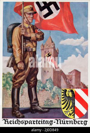 German Nazi propaganda - 'Nuremberg Rally' (Reichsparteitag-Nürnberg). Postcard - Artwork by Richard Borrmeister. 1936. Stock Photo