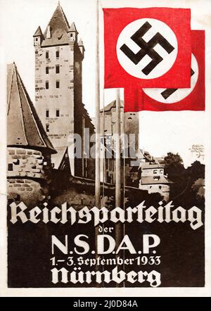 Propaganda postcard for the 5th Party Congress, the 'Rally of Victory' - Nazi propaganda. Nürnberg 1933. Siegmund von Suchodolski artwork. Swastika. Stock Photo