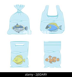Set of illustrations with fish in plastic bags. Isolated vector objects on white background. Stock Vector