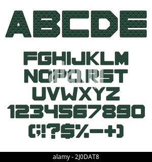 Alphabet, letters, numbers and signs with green leather upholstery texture. Color isolated vector objects on a white background. Stock Vector