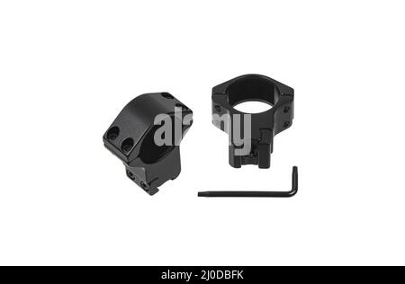 Quick disconnect mount made for holding a scope on a rifle isolated on white background. Quick Release Sniper Cantilever Scope Mount. Stock Photo