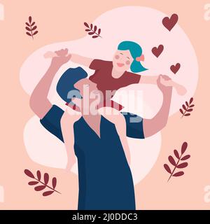 A father carrying his daughter on his shoulders. Flat design for father's day. Fatherly love Stock Vector