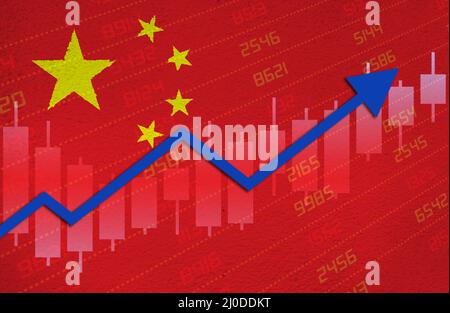 Economic recovery with stock market chart arrow up in positive territory over Chinese flag painted on wall. Business and financial money market upturn Stock Photo