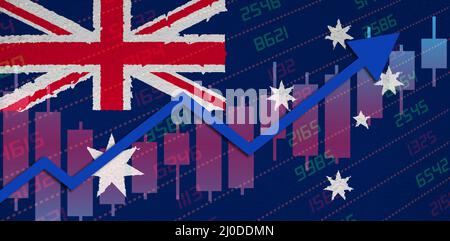 Economic recovery with stock market chart arrow up in positive territory over Australian flag painted on wall. Business and financial money market upt Stock Photo