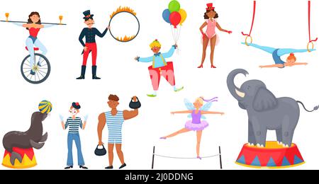 Cartoon circus characters, carnival artists, trained animal performers. Circus elephant, seal, clown, acrobat, magician, juggler vector set. People performing tricks in entertainment show Stock Vector