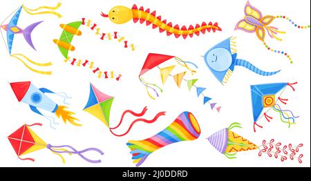 Cartoon flying kites in various shapes, colorful kids wind toys. Butterfly, diamond kite for festival, outdoor summer activity vector set. Childhood leisure entertainment, isolated paper kites Stock Vector