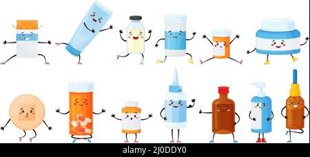 Cartoon medical pill characters with funny faces, medicine mascots. Pills and tablets in bottles, medications, pharmacy drugs mascot vector set. Cheerful vitamins, remedy and patch Stock Vector