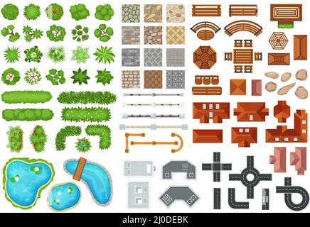 Top view city elements, trees, roads, buildings, houses, pavements. Town street architecture, furniture, plants for park landscape vector set. Outdoor items for city plan, yard project Stock Vector