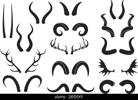 Animal horns silhouettes, antelope, ram, goat, buffalo horn. Deer antlers, hunting trophy, wild animals horn and antler silhouette vector set. Curled big and small horns of different shapes Stock Vector