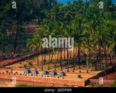 Sindhudurg, India - December  21, 2021 : Tents surrounded by coconut trees for trekkers for camping near sea shore in Malvan, India Stock Photo