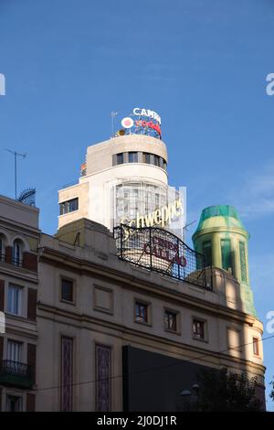 Cines Callao and the famous Edificio Carrión - Capitol with the iconic neon advertisement for Schweppes , Gran Vía. Madrid, Spain. Stock Photo