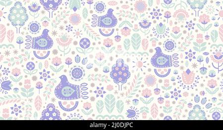 Scandinavian style spring stylized flowers, trees, plants, floral elements, minimalistic shapes featuring a cute bird on a nest with eggs. Soft colors Stock Vector