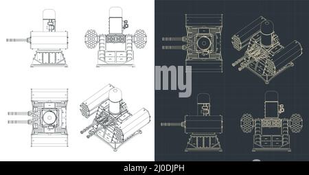 Stylized vector illustration of blueprints of shipborne anti-aircraft missile system Stock Vector