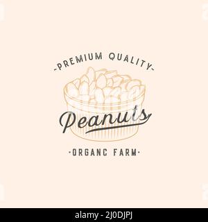 Peanuts Abstract Vector Sign, Symbol or Logo Template. Elegant Hand Drawn Nuts Sillhouette with Retro Typography. Vintage Luxury Emblem. Isolated. Stock Vector