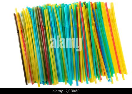 Bunch of multi-colored cocktail tubes on a white background. Close up. Stock Photo