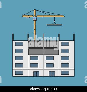 Illustration of the building under construction with a construction crane behind the building Stock Vector