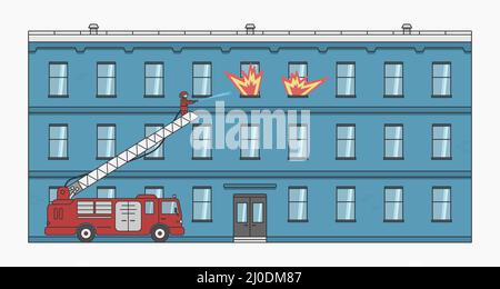 firefighter put out fire in a building with fire engine Stock Vector