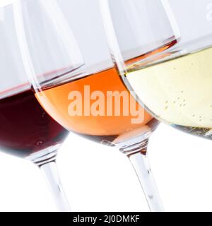 Wine glasses wine glasses white wine red wine rose wine tasting square selective focus exempt Stock Photo