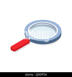 Magnifying glass in isometric style. 3D magnifier search element with red handle. Loupe icon. Stock Vector