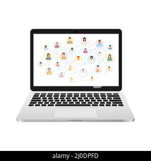 Homework with laptop. Multicultural people connecting together in social network. Quarantine work concept. Webinar business meeting. Stock Vector