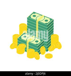 Isometric dollars bundles and golden stack coins set. Economy, finance, money concept. Stock Vector
