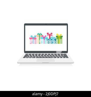 Laptop with gifts. Holidays concept. Colorful presents boxes in internet site. Online shopping. Stock Vector