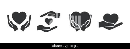 Heart with hands colorful icons set. Assistance and support symbols collection. Stock Vector