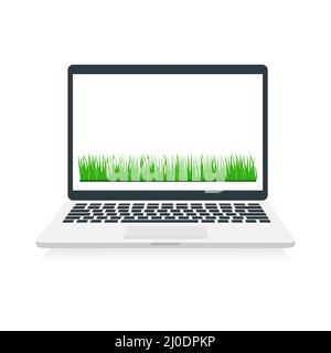 Laptop with green grass on white screen. Modern computer device with copy space. Stock Vector
