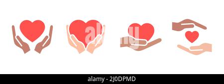 Heart with hands colorful icons set. Assistance and support symbols collection. Stock Vector
