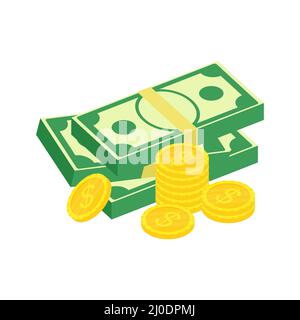 Isometric dollars bundles and golden stack coins set. Economy, finance, money concept. Stock Vector