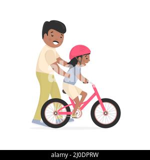 Father teaching daughter to ride bike. Caring African dad help his little child riding bicycle. Stock Vector