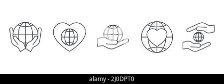 Globe icon and human hands set. Charity and voluntary concept. Global protection and support symbol collection Stock Vector