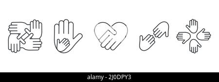 Friendship arms line symbols collection. Business teamwork pictogram. Black outline hands together set. Stock Vector