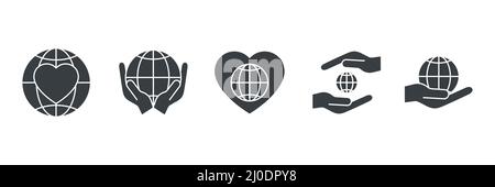 Globe icon and human hands set. Charity and voluntary concept. Global protection and support symbol collection Stock Vector