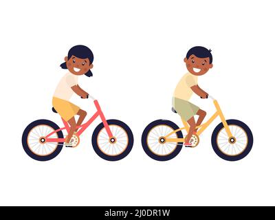 Cute happy American children riding bicycles. African girl and boy ride bikes. Healthy lifestyle. Stock Vector