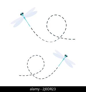 Cute dragonflies with dotted line route. Green dragonfly fling Stock Vector
