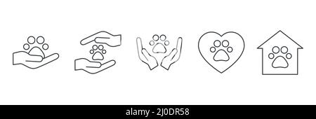Paws print and people hands icon collection. Veterinary clinic sign. Animal rights concept. Charity and voluntary black silhouette symbols set Stock Vector